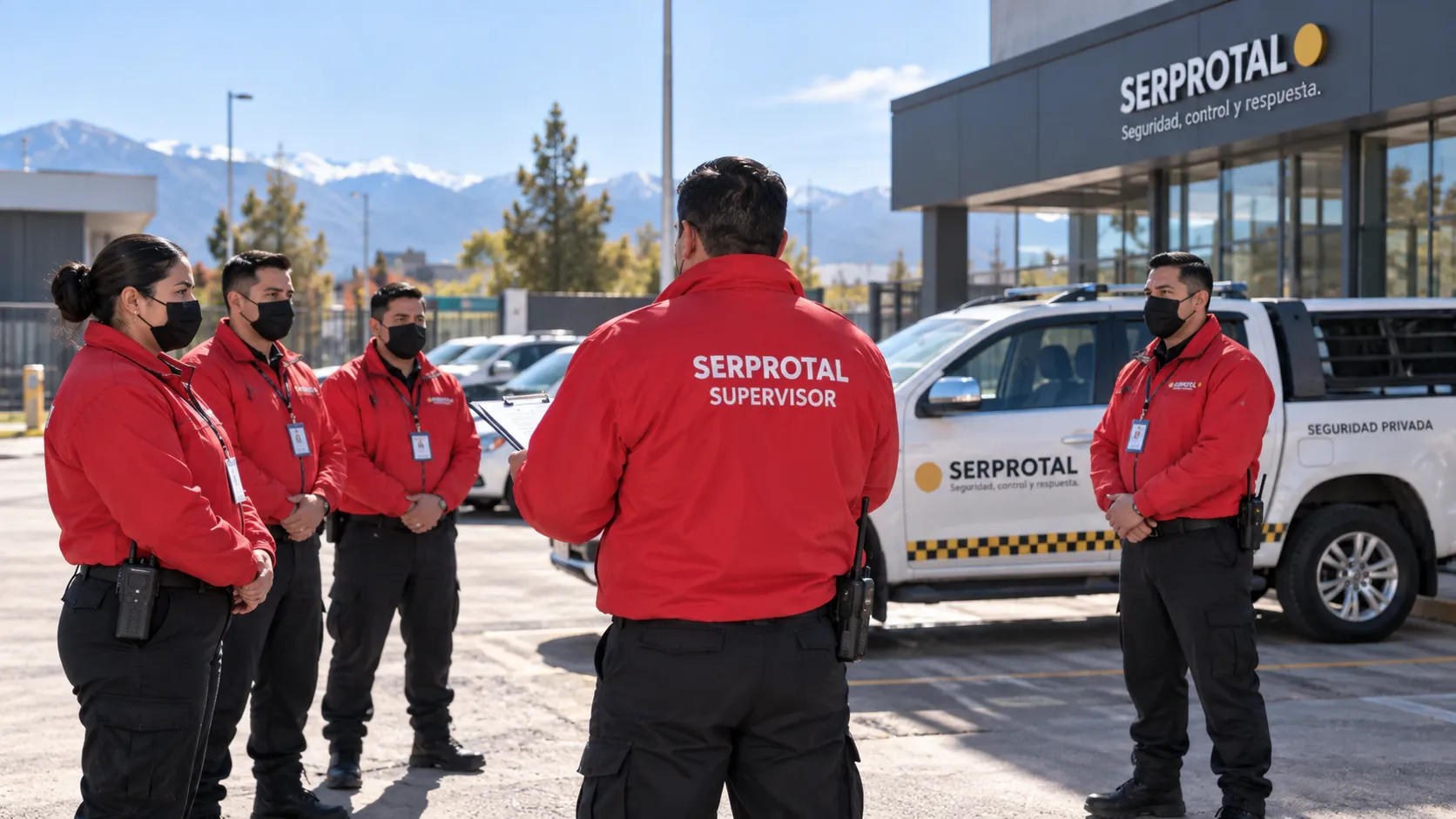 Supervisor y equipo de seguridad junto a un vehículo corporativo de Serprotal.
